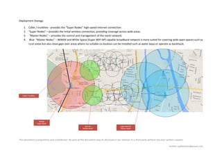 This document is proprietary and confidential. No part of this document may be disclosed in any manner to a third party without the prior written consent.
Author: rpfilomeno@gmail.com
Deployment Stategy:
1. Cable / trunkline - provides the “Super Nodes” high-speed Internet connection.
2. “Super Nodes” – provides the initial wireless connection, providing coverage across wide areas.
3. “Master Nodes” – provides the control and management of the mesh network.
4. Blue “Master Nodes” – WiMAX and White Space (Super WIFI AP) capable broadband network is more suited for covering wide open spaces such as
rural areas but also close gaps over areas where no suitable co-location can be installed such as water ways or operate as backhauls.
 
