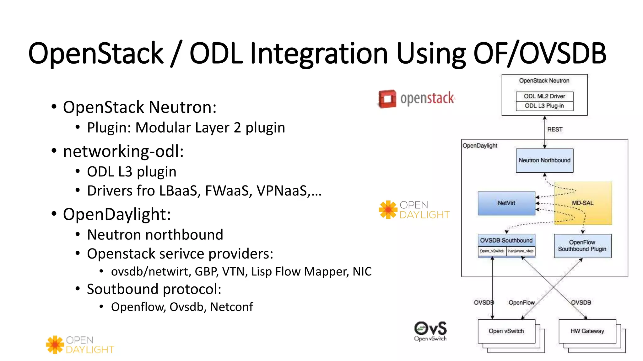 OpenStack / ODL Integration Using OF/OVSDB
• OpenStack Neutron:
• Plugin: Modular Layer 2 plugin
• networking-odl:
• ODL L3 plugin
• Drivers fro LBaaS, FWaaS, VPNaaS,…
• OpenDaylight:
• Neutron northbound
• Openstack serivce providers:
• ovsdb/netwirt, GBP, VTN, Lisp Flow Mapper, NIC
• Soutbound protocol:
• Openflow, Ovsdb, Netconf
16
 