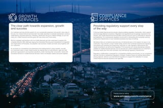 32 33
Compliance
Services
Growth
Services
Providing regulatory support every step
of the way
A thriving mobile financial service industry requires enabling regulatory frameworks, which support
and encourage effective compliance. Regulators and regulations are increasingly important to the
industry, with mobile financial services providers looking more and more to authorities for direction
and leadership.The contemporary regulatory environment is demanding and constantly evolving,
putting strict requirements on your business processes and ways of working.
We believe that our compliance services are a fundamental part of the support we give to our
customers. They include a unique market-ready solution that combines experienced regulatory
consultants both advising and supporting customers on new regulatory requirements and
overall compliance, as well as pre-integrated, fit-for-purpose anti-money-laundering software
suitable for mobile financial services. All our services are custom designed for our customer’s
individual needs and inline with domestic and international regulatory requirements.
Regulatory collaboration is essential for a cooperative enabling environment, so our compliance
services include an established Regulatory Outreach Program aimed at building relationships
among regional, national, and international regulators to support the realization of unique
mobile financial services ambitions and agendas.
The clear path towards expansion, growth
and success
Our business services provide support for your sustainable expansion and growth, every step of
the way. Our mobile financial services team has deep expertise in business assessment, product
roadmapping, business planning, marketing, distribution and go to market strategy, so you can
meet your mobile financial services goals with less stress and more clarity.
We form strategic partnerships with our mobile financial services customers to support the
complete lifecycle. With offerings ranging from Business Planning and Compliance to Integration
and Organization & Processes, we establish new business models and build value together with
our customers.
As we share our competence and experience from deployments in other markets, we help
our customers reach a mass market quickly by helping them to build efficient, agile and well-
governed organizations and business operations, while matching their consumers’ needs with
innovative solutions in mobile financial services, which we develop, deploy and grow together.
Find out more by visiting:
www.ericsson.com/m-commerce
 