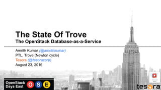 The State Of Trove
The OpenStack Database-as-a-Service
Amrith Kumar (@amrithkumar)
PTL, Trove (Newton cycle)
Tesora (@tesoracorp)
August 23, 2016
 