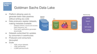 Goldman Sachs Data Lake
● Platform allowing users to
generate batch data pipelines
without writing any code
● Data producers register datasets,
making metadata available
○ Dataset schema, source and access,
batch frequency, etc…
○ Flink batch applications generated
dynamically
● Datasets subscribed for updates
by consumers in warehouses
● Producers and consumers
decoupled
● Scale
○ 162K unique datasets
○ 140K batches/day
○ 4.2MM batches/month
2
ETL
Warehousing
Registry
Service
Producer
Source
Data
HDFS
Redshift
S3
SAP IQ/ASE
Snowflake
Lake
Browseable
Catalog
 