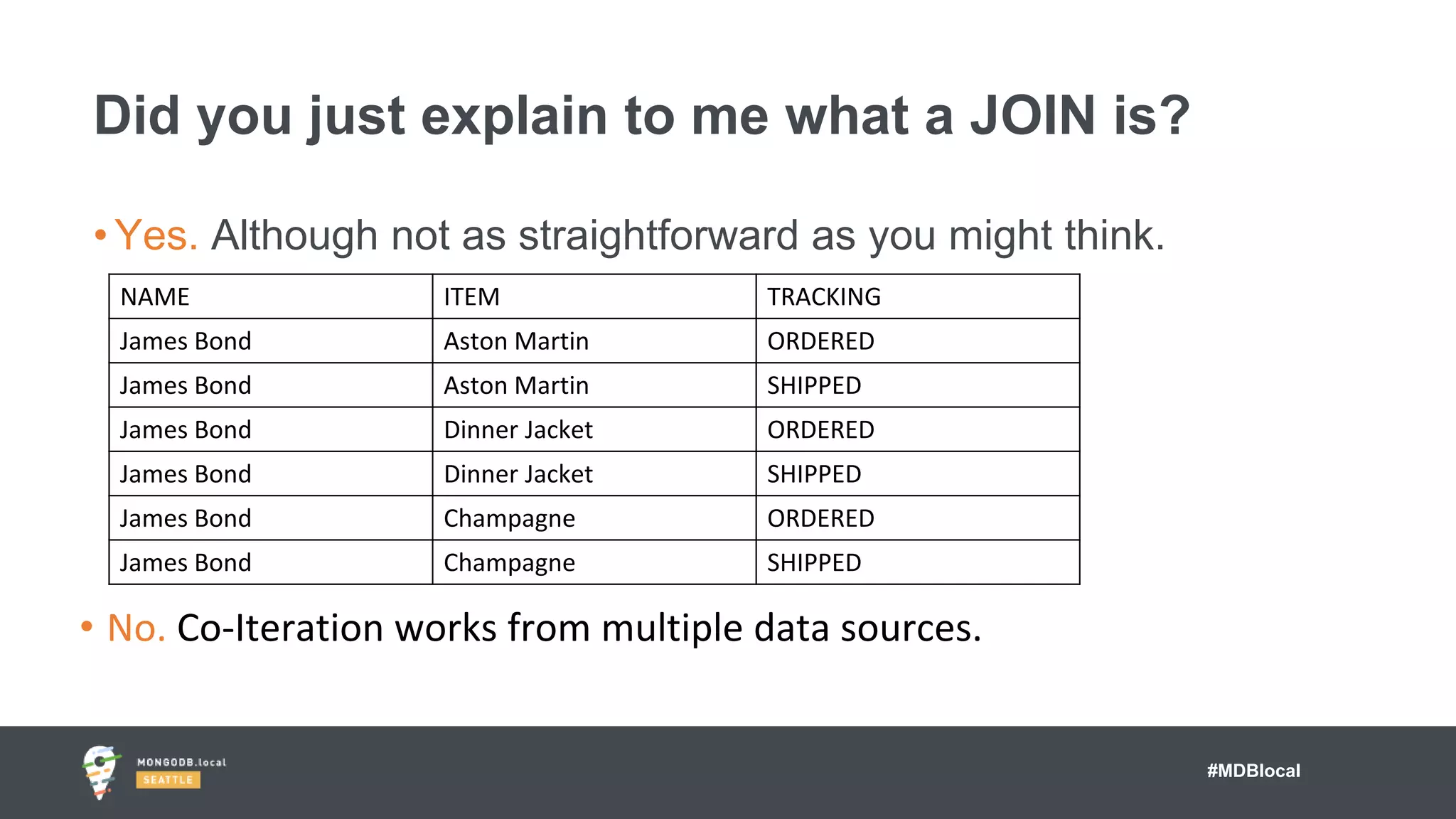#MDBlocal
• Yes. Although not as straightforward as you might think.
Did you just explain to me what a JOIN is?
• No. Co-Iteration works from multiple data sources.
NAME ITEM TRACKING
James Bond Aston Martin ORDERED
James Bond Aston Martin SHIPPED
James Bond Dinner Jacket ORDERED
James Bond Dinner Jacket SHIPPED
James Bond Champagne ORDERED
James Bond Champagne SHIPPED
 