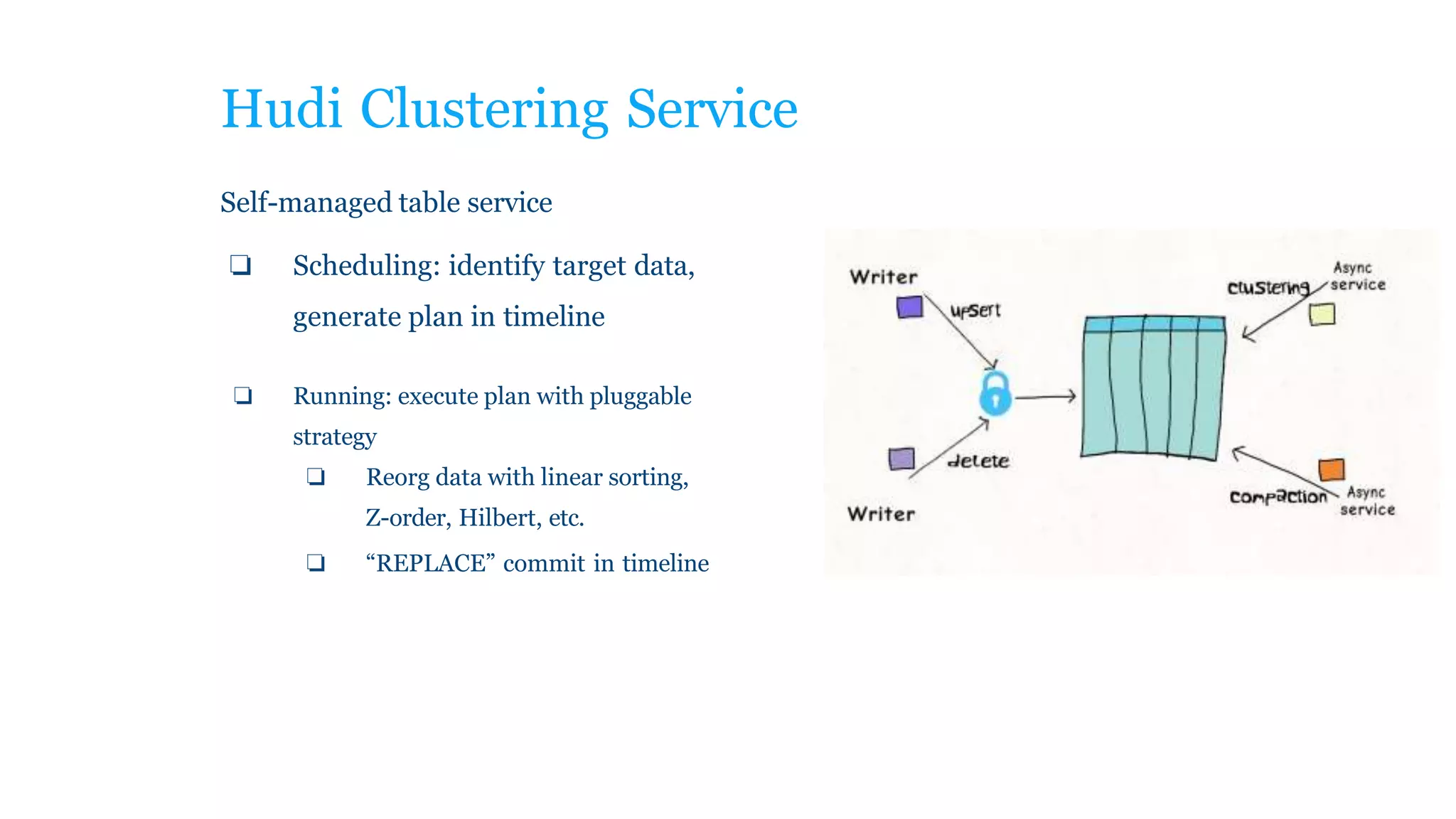 Hudi Clustering Service
Self-managed table service
❏ Scheduling: identify target data,
generate plan in timeline
❏ Running: execute plan with pluggable
strategy
❏ Reorg data with linear sorting,
Z-order, Hilbert, etc.
❏ “REPLACE” commit in timeline
 