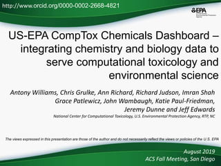 US-EPA CompTox Chemicals Dashboard –
integrating chemistry and biology data to
serve computational toxicology and
environmental science
Antony Williams, Chris Grulke, Ann Richard, Richard Judson, Imran Shah
Grace Patlewicz, John Wambaugh, Katie Paul-Friedman,
Jeremy Dunne and Jeff Edwards
National Center for Computational Toxicology, U.S. Environmental Protection Agency, RTP, NC
August 2019
ACS Fall Meeting, San Diego
http://www.orcid.org/0000-0002-2668-4821
The views expressed in this presentation are those of the author and do not necessarily reflect the views or policies of the U.S. EPA
 