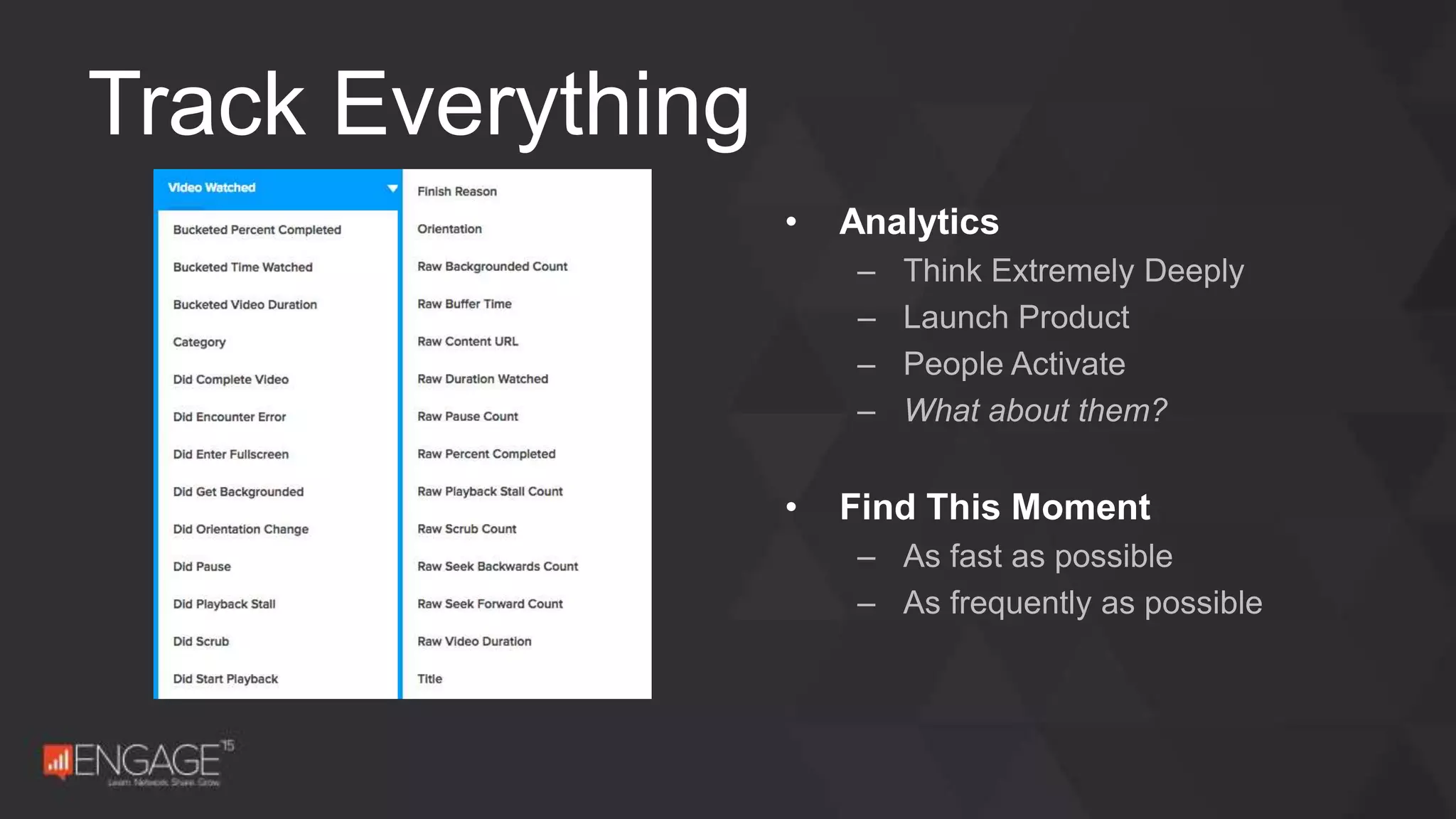 • Analytics
– Think Extremely Deeply
– Launch Product
– People Activate
– What about them?
• Find This Moment
– As fast as possible
– As frequently as possible
Track Everything
 