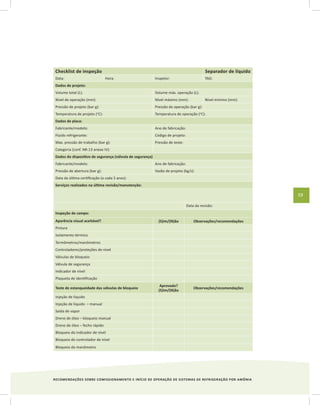 RECOMENDAÇÕES SOBRE COMISSIONAMENTO E INÍCIO DE OPERAÇÃO DE SISTEMAS DE REFRIGERAÇÃO POR AMÔNIA
59
Checklist de inspeção Separador de líquido
Data: Hora: Inspetor: TAG:
Dados de projeto:
Volume total (L): Volume máx. operação (L):
Nível de operação (mm): Nível máximo (mm): Nível mínimo (mm):
Pressão de projeto (bar g): Pressão de operação (bar g):
Temperatura de projeto (o
C): Temperatura de operação (o
C):
Dados de placa:
Fabricante/modelo: Ano de fabricação:
Fluido refrigerante: Código de projeto:
Max. pressão de trabalho (bar g): Pressão de teste:
Categoria (conf. NR-13 anexo IV):
Dados do dispositivo de segurança (válvula de segurança)
Fabricante/modelo: Ano de fabricação:
Pressão de abertura (bar g): Vazão de projeto (kg/s):
Data da última certificação (a cada 5 anos):
Serviços realizados na última revisão/manutenção:
Data da revisão:
Inspeção de campo:
Aparência visual aceitável? (S)im/(N)ão Observações/recomendações
Pintura
Isolamento térmico
Termômetros/manômetros
Controladores/proteções de nível
Válvulas de bloqueio
Válvula de segurança
Indicador de nível
Plaqueta de identificação
Teste de estanqueidade das válvulas de bloqueio
Aprovado?
(S)im/(N)ão
Observações/recomendações
Injeção de líquido
Injeção de líquido – manual
Saída de vapor
Dreno de óleo – bloqueio manual
Dreno de óleo – fecho rápido
Bloqueio do indicador de nível
Bloqueio do controlador de nível
Bloqueio do manômetro
 
