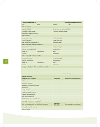 60
Checklist de inspeção Condensador evaporativo
Data: Hora: Inspetor: TAG:
Dados de projeto:
Capacidade (kW): Temperatura de condensação (o
C):
Pressão de projeto (bar g): Pressão de operação (bar g):
Temperatura de bulbo úmido (o
C):
Dados de placa:
Fabricante/modelo: Ano de fabricação:
Fluido refrigerante: Código de projeto:
Max. pressão de trabalho (bar g): Pressão de teste:
Dados de placa do motor do ventilador:
Fabricante/modelo: Ano de fabricação:
Potência nominal (kW (cv)): Rotação (rpm):
Tensão (V): Corrente (A): Ip/In:
Carcaça: Isolamento:
Dados de placa do motor da bomba:
Fabricante/modelo: Ano de fabricação:
Potência nominal (cv): Rotação (rpm):
Tensão (V): Corrente (A): Ip/In:
Carcaça: Isolamento:
Serviços realizados na última revisão/manutenção:
Data da Revisão:
Inspeção de campo:
Aparência visual aceitável? (S)im/(N)ão Observações/recomendações
Pintura
Válvulas de bloqueio
Serpentina (incrustação/corrosão
Ventiladores
Bomba de água
Fixação na base de concreto
Plaqueta de identificação
Nível de ruído/vibração
Distribuidor de água opera eficaz?
Sistema de tratamento é adequado?
Teste de estanqueidade das válvulas de bloqueio:
Aprovado?
(S)im/(N)ão
Observações/recomendações
Entrada de vapor da descarga
Saída de líquido
 
