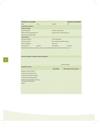 64
Checklist de inspeção Válvula de expansão
Data: Hora: Inspetor: TAG:
Localização da válvula:
Dados de projeto:
Capacidade (kW): Vazão em massa (kg/s):
Temperatura de evaporação (o
C): Temperatura de condensação (o
C):
Diferencial de pressão (bar):
Características:
Fabricante/modelo: Ano de fabricação:
Diâmetro nominal: Max. pressão de trabalho (bar g):
Fluido refrigerante: Tensão (V):
Tipo da válvula: Manual: Termostática: Eletrônica
Dispositivos auxiliares (solenóides, sensores de pressão/temperatura, controles eletrônicos, etc.):
Serviços realizados na última revisão/manutenção:
Data da revisão:
Inspeção de campo:
(S)im/(N)ão Observações/recomendações
Aparência visual aceitável?
A bobina atua corretamente?
A válvula foi aberta p/ inspeção?
O orifício estava desobstruído?
Teste de estanqueidade das válvulas
de bloqueio foi aprovado?
Outros:
 