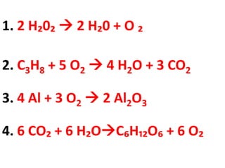 1. 2 H₂0₂  2 H₂0 + O ₂

2. C3H8 + 5 O2  4 H2O + 3 CO2

3. 4 Al + 3 O2  2 Al2O3

4. 6 CO₂ + 6 H₂OC₆H₁₂O₆ + 6 O₂
 