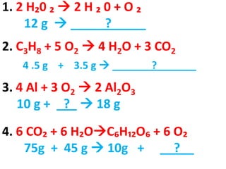 1. 2 H₂0 ₂  2 H ₂ 0 + O ₂
    12 g  _____?_____
2. C3H8 + 5 O2  4 H2O + 3 CO2
   4 .5 g + 3.5 g  _______?_______

3. 4 Al + 3 O2  2 Al2O3
   10 g + _?_  18 g

4. 6 CO₂ + 6 H₂OC₆H₁₂O₆ + 6 O₂
    75g + 45 g  10g + __?__
 