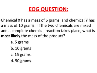 EOG QUESTION:
Chemical X has a mass of 5 grams, and chemical Y has
a mass of 10 grams. If the two chemicals are mixed
and a complete chemical reaction takes place, what is
most likely the mass of the product?
     a. 5 grams
     b. 10 grams
     c. 15 grams
     d. 50 grams
 