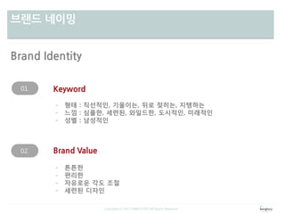 차별성브랜드 네이밍
Brand Identity
Copyright ⓒ 2013 WINGTORY All Rights Reserved
02.
Keyword
- 튼튼한
- 편리한
- 자유로운 각도 조절
- 세련된 디자인
01.
Brand Value
- 형태 : 직선적인, 기울이는, 뒤로 젖히는, 지탱하는
- 느낌 : 심플한, 세련된, 와일드한, 도시적인, 미래적인
- 성별 : 남성적인
 