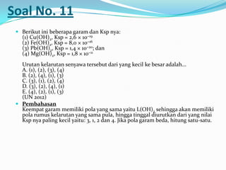 Soal No. 11
 Berikut ini beberapa garam dan Ksp nya:
(1) Cu(OH)2, Ksp = 2,6 × 10−19
(2) Fe(OH)2, Ksp = 8,0 × 10−16
(3) Pb(OH)2, Ksp = 1,4 × 10−20; dan
(4) Mg(OH)2, Ksp = 1,8 × 10−11
Urutan kelarutan senyawa tersebut dari yang kecil ke besar adalah...
A. (1), (2), (3), (4)
B. (2), (4), (1), (3)
C. (3), (1), (2), (4)
D. (3), (2), (4), (1)
E. (4), (2), (1), (3)
(UN 2012)
 Pembahasan
Keempat garam memiliki pola yang sama yaitu L(OH)2 sehingga akan memiliki
pola rumus kelarutan yang sama pula, hingga tinggal diurutkan dari yang nilai
Ksp nya paling kecil yaitu: 3, 1, 2 dan 4. Jika pola garam beda, hitung satu-satu.
 