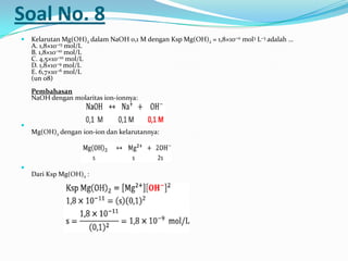 Soal No. 8
 Kelarutan Mg(OH)2 dalam NaOH 0,1 M dengan Ksp Mg(OH)2 = 1,8×10−11 mol3 L−3 adalah ...
A. 1,8×10−13 mol/L
B. 1,8×10−10 mol/L
C. 4,5×10−10 mol/L
D. 1,8×10−9 mol/L
E. 6,7×10−6 mol/L
(un 08)
Pembahasan
NaOH dengan molaritas ion-ionnya:

Mg(OH)2 dengan ion-ion dan kelarutannya:

Dari Ksp Mg(OH)2 :
 