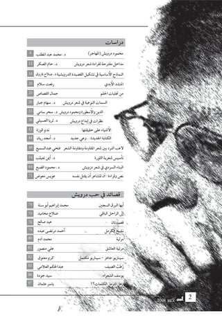 2008 ‫أكتوبر‬� 
‫دروي�ش‬ ‫حب‬ ‫يف‬ ‫ق�صائد‬
‫�سنة‬‫بو‬‫أ‬�‫براهيم‬‫إ‬�‫حممد‬ ‫ال�سجني‬‫الربق‬‫يها‬‫أ‬�
‫حماميد‬‫�صالح‬ ‫الباقي‬‫الراحل‬‫ىل‬‫إ‬�
‫�صالح‬‫عيد‬ ‫ق�صيدتان‬
‫عبده‬‫مرت�ضى‬‫حمد‬‫أ‬� ‫الكرمل‬‫ن�شيج‬
74
75
76
79
‫درا�سات‬
)‫(املهاجر‬‫دروي�ش‬‫حممود‬
‫ال�صكر‬‫حامت‬.‫د‬ ‫دروي�ش‬‫�شعر‬‫لقراءة‬‫مقرتحة‬‫مداخل‬
‫فاروق‬‫�صالح‬.‫د‬‫الدروي�شية‬‫الق�صيدة‬‫ت�شكيل‬‫يف‬ ‫�سا�سية‬‫أ‬‫ال‬‫النماذج‬
‫�سالم‬‫رفعت‬ ‫بدي‬‫أ‬‫ال‬‫املن�شد‬
‫الق�صا�ص‬‫جمال‬ ‫احللم‬‫جتليات‬ ‫من‬
6
12
16
20
25
‫دروي�ش‬‫�شعر‬‫يف‬ ‫النوعية‬‫ال�سمات‬28
‫دم‬‫آ‬�‫حممد‬ ‫مرثية‬80
2008 ‫أكتوبر‬� 
‫املطلب‬‫عبد‬‫حممد‬.‫د‬
‫جبار‬‫�سهام‬.‫د‬
‫دروي�ش‬‫وحممود‬‫�سطورة‬‫أ‬‫وال‬‫الدين‬33 ‫�سامي‬‫�سحر‬.‫د‬
‫دروي�ش‬‫بداع‬‫إ‬�‫يف‬ ‫نظرات‬38 ‫الع�سيلي‬‫ثريا‬.‫د‬
‫حقيقتها‬‫على‬‫�شياء‬‫أ‬‫ال‬42 ‫الوزة‬‫ندمي‬
‫جديد‬‫وعي‬..‫اجلديدة‬‫الكتابة‬‫ريان‬‫جمد‬‫أ‬�.‫د‬44
‫عبدال�سميع‬‫فتحي‬ ‫ال�شعر‬‫ومقاومة‬‫املقاومة‬‫�شعر‬‫بني‬‫الرند‬‫العب‬49
‫تعيلب‬‫مين‬‫أ‬�.‫د‬ ‫الثورة‬‫�شعرية‬‫�سي�س‬‫أ‬�‫ت‬54
‫ال�ضبع‬‫حممود‬.‫د‬ ‫دروي�ش‬‫�شعر‬‫يف‬ ‫ال�سردي‬‫البناء‬64
‫معو�ض‬‫عوي�س‬ ‫نف�سه‬‫يقتل‬‫ن‬‫أ‬�‫لل�شاعر‬‫ن‬‫آ‬�:‫وقراءة‬‫ن�ص‬71
‫من�صور‬‫علي‬ ‫العا�شق‬‫مرثية‬81
‫معتوق‬‫كرمي‬ ‫مكتمل‬‫�سيناريو‬-‫جاهز‬‫�سيناريو‬82
‫العالمي‬‫عبداحلكم‬ ‫ال�صيف‬ ُ‫ب‬َ‫ط‬ُ‫ر‬85
‫جودة‬‫�سيد‬ ‫ال�شعراء‬‫يو�سف‬86
‫عثمان‬‫يا�سر‬ !‫الكلمات؟‬‫ترتمل‬‫وهل‬87
 