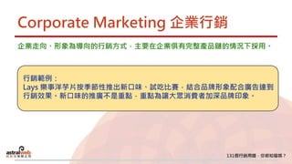 Corporate Marketing 企業行銷
企業走向、形象為導向的行銷方式，主要在企業俱有完整產品鏈的情況下採用。
行銷範例：
Lays 樂事洋芋片按季節性推出新口味、試吃比賽，結合品牌形象配合廣告達到
行銷效果。新口味的推廣不是重點，重點為讓大眾消費者加深品牌印象。
 