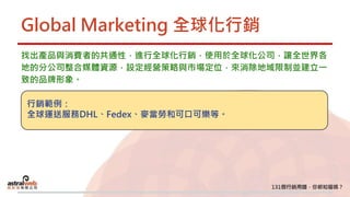 Global Marketing 全球化行銷
找出產品與消費者的共通性，進行全球化行銷，使用於全球化公司，讓全世界各
地的分公司整合媒體資源，設定經營策略與市場定位，來消除地域限制並建立一
致的品牌形象。
行銷範例：
全球運送服務DHL、Fedex、麥當勞和可口可樂等。
 