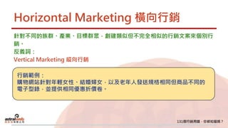 Horizontal Marketing 橫向行銷
針對不同的族群、產業、目標群眾，創建類似但不完全相似的行銷文案來個別行
銷。
反義詞：
Vertical Marketing 縱向行銷
行銷範例：
購物網站針對年輕女性、結婚婦女，以及老年人發送規格相同但商品不同的
電子型錄，並提供相同優惠折價卷。
 