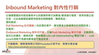 Inbound Marketing 對內性行銷
以增建豐富的內容或會員中心的資源來吸引消費者/會員進行搜索、使用來建立信
任度，以此為基礎延續使用商家的相關服務，購買商品。
類同義詞：
Pull Marketing 拉式營銷（拉近潛在客戶，讓消費者主動搜尋你的相關訊息）
反義詞：
Outbound Marketing 對外式行銷，又稱Push Marketing 推式行銷，主動提供
制式化的廣告、廠商目錄、推銷電話cold call (telemarketing 電話行銷）、cold
emails等較不易讓消費者認可產品訊息。
行銷範例：歐斯瑞有限公司的Youtube分享平台，教學文章支援
http://www.astralweb.com.tw/resource/
 