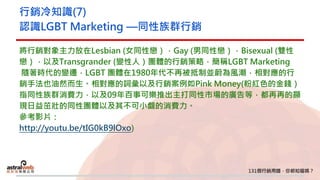 行銷冷知識(7)
認識LGBT Marketing —同性族群行銷
將行銷對象主力放在Lesbian (女同性戀），Gay (男同性戀），Bisexual (雙性
戀），以及Transgrander (變性人）團體的行銷策略，簡稱LGBT Marketing
隨著時代的變遷，LGBT 團體在1980年代不再被抵制並蔚為風潮，相對應的行
銷手法也油然而生。相對應的詞彙以及行銷案例如Pink Money(粉紅色的金錢）
指同性族群消費力，以及09年百事可樂推出主打同性市場的廣告等，都再再的顯
現日益茁壯的同性團體以及其不可小覷的消費力。
參考影片：
http://youtu.be/tIG0kB9lOxo)
 