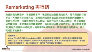 Remarketing 再行銷
為提高網站轉換率，掌握目標客戶，吸引那些造訪過網站的人，再次回訪的行銷
手法。再行銷有許多種方式，最常見的就是將廣告顯現於目標客群的瀏覽網頁，
適時引起注意，引導他們再次進入網站。假設今天有人進入A網站，挑了兩樣商
品於購物車，未完成結帳便離開網站；再行銷可以標記這位客戶，讓他在瀏覽網
頁(需有支援廣告的網站)時，時時顯示A網站廣告，吸引他再次造訪網站，提升
完成訂單的機會。
行銷範例：
Astral Web為再行銷(Remarketing)專家，能幫助您鎖定目標客群，並可依網站性質篩選客群，
例如：性別、年齡、興趣等。如果今天有間女性服飾網站，專售20-30歲女性的衣物配件，進行再
行銷時即可設定女性、20-30歲的條件，吸引她們前來網站進行購物。
 