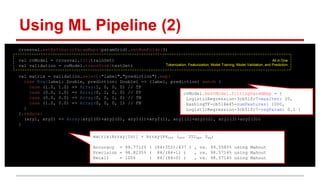 Using ML Pipeline (2)
crossval.setEstimatorParamMaps(paramGrid).setNumFolds(3)
val cvModel = crossval.fit(trainSet)
val validation = cvModel.transform(testSet)
val matrix = validation.select("label","prediction").map{
case Row(label: Double, prediction: Double) => (label, prediction) match {
case (1.0, 1.0) => Array(1, 0, 0, 0) // TP
case (0.0, 1.0) => Array(0, 1, 0, 0) // FP
case (0.0, 0.0) => Array(0, 0, 1, 0) // TN
case (1.0, 0.0) => Array(0, 0, 0, 1) // FN
}
}.reduce{
(ary1, ary2) => Array(ary1(0)+ary2(0), ary1(1)+ary2(1), ary1(2)+ary2(2), ary1(3)+ary2(3))
}
matrix:Array[Int] = Array(84TP, 1FP, 352TN, 0FN)
Accuracy = 99.7712% ( (84+352)/437 ) , vs. 99.5585% using Mahout
Precision = 98.8235% ( 84/(84+1) ) , vs. 98.5714% using Mahout
Recall = 100% ( 84/(84+0) ) , vs. 98.5714% using Mahout
All in One
Tokenization, Featurization, Model Training, Model Validation, and Prediction
cvModel.bestModel.fittingParamMap = {
LogisticRegression-3cb51fc7-maxIter: 20,
HashingTF-cb518e45-numFeatures: 1000,
LogisticRegression-3cb51fc7-regParam: 0.1 }
 