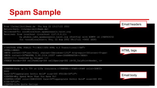 Spam Sample
From 12a1mailbot1@web.de Thu Aug 22 13:17:22 2002
Return-Path: <12a1mailbot1@web.de>
Delivered-To: zzzz@localhost.spamassassin.taint.org
Received: from localhost (localhost [127.0.0.1])
by phobos.labs.spamassassin.taint.org (Postfix) with ESMTP id 136B943C32
for <zzzz@localhost>; Thu, 22 Aug 2002 08:17:21 -0400 (EDT)
<!DOCTYPE HTML PUBLIC "-//W3C//DTD HTML 4.0 Transitional//EN">
<HTML><HEAD>
<META content=3D"text/html; charset=3Dwindows-1252" http-equiv=3DContent-T=ype>
<META content=3D"MSHTML 5.00.2314.1000" name=3DGENERATOR></HEAD>
<BODY><!-- Inserted by Calypso -->
<TABLE border=3D0 cellPadding=3D0 cellSpacing=3D2 id=3D_CalyPrintHeader_ r=
<CENTER>Save up to 70% on Life Insurance.</CENTER></FONT><FONT color=3D#ff=
0000
face=3D"Copperplate Gothic Bold" size=3D5 PTSIZE=3D"10">
<CENTER>Why Spend More Than You Have To?
<CENTER><FONT color=3D#ff0000 face=3D"Copperplate Gothic Bold" size=3D5 PT=
SIZE=3D"10">
<CENTER>Life Quote Savings
Email headers
HTML tags
Email body
 