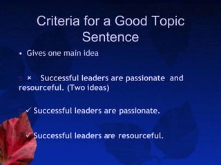 Criteria for a Good Topic
Sentence
• Gives one main idea
 Successful leaders are passionate and
resourceful. (Two ideas)
 Successful leaders are passionate.
 Successful leaders are resourceful.
 