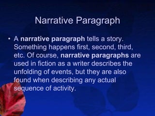 Narrative Paragraph
• A narrative paragraph tells a story.
Something happens first, second, third,
etc. Of course, narrative paragraphs are
used in fiction as a writer describes the
unfolding of events, but they are also
found when describing any actual
sequence of activity.
 