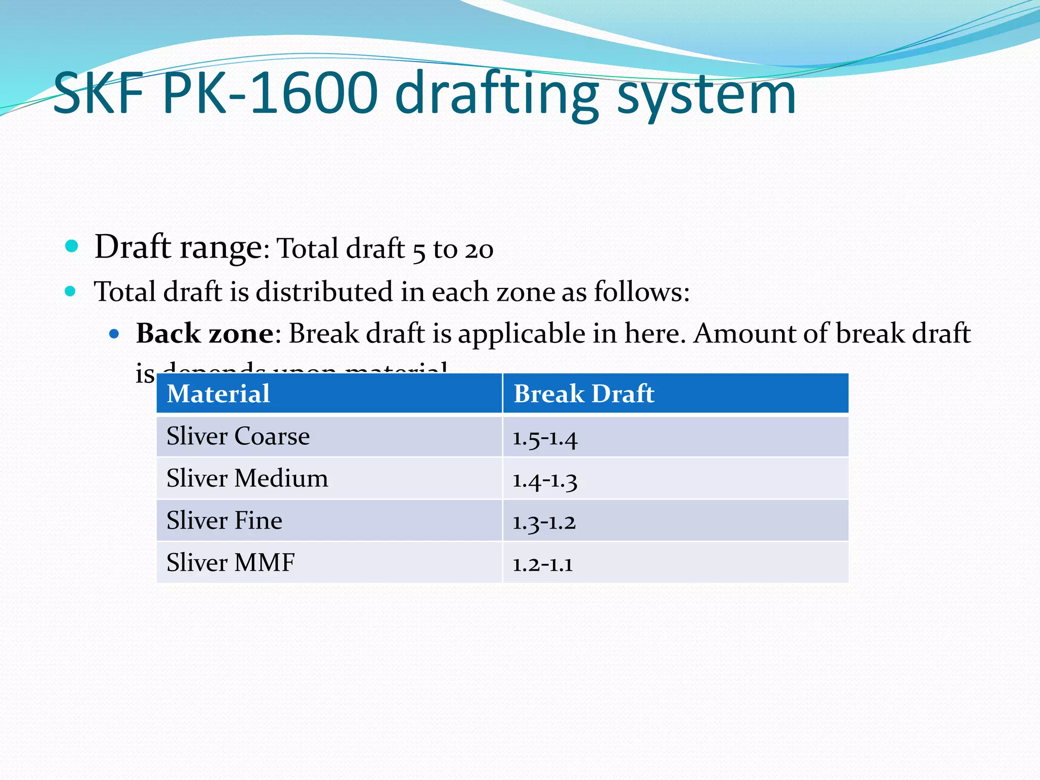 SKF PK-1600 drafting system
 Draft range: Total draft 5 to 20
 Total draft is distributed in each zone as follows:
 Back zone: Break draft is applicable in here. Amount of break draft
is depends upon material.
Material Break Draft
Sliver Coarse 1.5-1.4
Sliver Medium 1.4-1.3
Sliver Fine 1.3-1.2
Sliver MMF 1.2-1.1
 