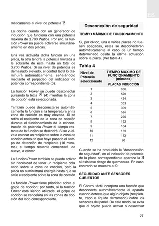 ES
27
máticamente al nivel de potencia 12.
La cocina cuenta con un generador de
inducción que funciona con una potencia
máxima de 3.700 Watios. Por ello, la fun-
ción Power no puede activarse simultáne-
amente en dos placas.
Una vez activada dicha función en una
placa, la otra tendrá la potencia limitada a
la sobrante de ésta, hasta un total de
3.700 Watios. Si su nivel de potencia es
demasiado elevado, el control táctil lo dis-
minuirá automáticamente, señalándolo
mediante el parpadeo del indicador de
potencia correspondiente (3).
La función Power se puede desconectar
pulsando la tecla (4) mientras la zona
de cocción está seleccionada.
También puede desconectarse automáti-
camente la función si la temperatura en la
zona de cocción es muy elevada. Si se
retira el recipiente de la zona de cocción
durante el funcionamiento de la concen-
tración de potencia Power el tiempo res-
tante de la función se detendrá. Si se vuel-
ve a colocar un recipiente sobre la zona de
cocción antes de que haya pasado el tiem-
po de detección de recipiente (10 minu-
tos), el tiempo restante comenzará, de
nuevo, a contar.
La función Power también se puede activar
sin necesidad de tener un recipiente colo-
cado sobre la zona de cocción, pero la
placa no suministrará energía hasta que se
sitúe el recipiente sobre la zona de cocción.
La función Power tiene prioridad sobre el
golpe de cocción; por tanto, si la función
Power está siendo utilizada, el golpe de
cocción se cancelará en las zonas de coc-
ción del lado correspondiente.
Desconexión de seguridad
TIEMPO MÁXIMO DE FUNCIONAMIENTO
Si, por olvido, una o varias placas no fue-
sen apagadas, éstas se desconectarán
automáticamente al cabo de un tiempo
determinado desde la última actuación
sobre la placa. (Ver tabla 4).
Cuando se ha producido la "desconexión
de seguridad", en el indicador de potencia
de la placa correspondiente aparece la H
si existiese riesgo de quemadura. En caso
contrario se muestra el 0.
SEGURIDAD ANTE SENSORES
CUBIERTOS
El Control táctil incorpora una función que
desconecta automáticamente el aparato
cuando detecta que algún objeto (recipien-
te, trapo o líquido derramado) cubre los
sensores del panel. De este modo, se evita
que el objeto pueda activar o desactivar
Tabla 4
636
520
424
353
309
260
225
192
164
139
113
90
1
2
3
4
5
6
7
8
9
10
11
12
Nivel de
Potencia
seleccionado
TIEMPO MÁXIMO DE
FUNCIONAMIENTO
(minutos)
PLACAS INDUCCIÓN
 
