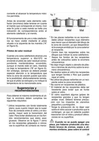 ES
29
corriente al alcanzar la temperatura máxi-
ma permitida.
Antes de encender cada elemento cale-
factor (encimera) debe tenerse en cuenta
el mando que corresponde al mismo. Con
este fin junto a cada mando se halla una
indicación de correspondencia entre el
elemento calefactor y el mando.
El funcionamiento de uno o más calefacto-
res se hace visible mediante el piloto
situado a la izquierda de los mandos (“A”
en figura 6).
Pilotos de calor residual
Cuando una zona calefactora alcanza una
temperatura superior a 60±15ºC se
enciende el piloto de calor residual corres-
pondiente manteniéndose encendido,
aunque el mando esté en cero, mientras
no baje la temperatura (“B” en figura 6).
Sin embargo, siempre se deberá prestar
especial atención a la temperatura que
tiene la zona de cocción puesto que exis-
te la posibilidad, afortunadamente remota,
de que el piloto se estropee y no indique la
temperatura de la mencionada zona.
Sugerencias y
recomendaciones
Para obtener el máximo rendimiento al uti-
lizar la encimera deben cumplirse los
siguientes requisitos:
* Utilice recipientes con fondo totalmente
plano, pues cuanto mayor sea la super
ficie de contacto entre el vidrio y el reci-
piente, mayor será la transmisión del
calor. Para evitar abolladuras en los fon-
dos recomendamos que éstos sean
gruesos. Observe en la figura 7 cómo
en los recipientes golpeados o cónca-
vos la superficie de contacto es menor.
* En las placas radiantes no es recomen-
dable utilizar recipientes cuyo diámetro
sea menor que el diámetro del dibujo de
la zona de cocción, ya que desperdicia-
rá la energía emitida por la zona exterior
al recipiente.
* Centre bien los recipientes sobre los
dibujos que indican la zona calefactora.
* Seque los fondos de los recipientes
antes de colocarlos sobre la encimera
vitrocerámica.
* No deje ningún objeto o utensilio de plás-
tico o láminas de aluminio sobre la enci-
mera vitrocerámica.
* No deslice sobre el vidrio los recipientes
que tengan bordes o filos que puedan
rayar el vidrio.
* No utilice las placas radiantes sin un reci-
piente sobre la zona encendida.
* No cocine en recipientes de plástico.
* El material de los recipientes debe ser
resistente para evitar que se funda
sobre el vidrio.
* El vidrio soportará algunos golpes de
recipientes grandes y que no tengan
aristas vivas. Deberá tenerse precau-
ción con los impactos de utensilios
pequeños y puntiagudos.
* Tenga la precaución de no dejar caer
sobre el vidrio azúcar o productos que lo
contengan, ya que en caliente pueden
reaccionar con el vidrio y producir altera-
ciones en su superficie.
Cuando no se pueda apagar una
placa, por haberse producido una ebu-
llición brusca de cremas, sopas o ali-
mentos similares, pase sobre el control
fig. 7
Bien Mal Mal
 