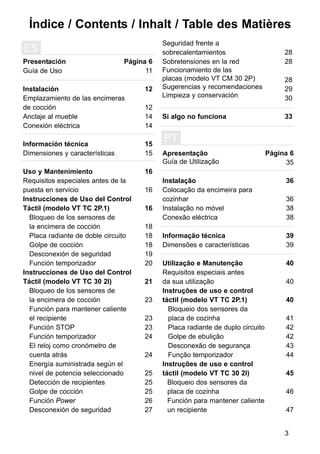 3
Presentación
Guía de Uso
Instalación
Emplazamiento de las encimeras
de cocción
Anclaje al mueble
Conexión eléctrica
Información técnica
Dimensiones y características
Uso y Mantenimiento
Requisitos especiales antes de la
puesta en servicio
Instrucciones de Uso del Control
Táctil (modelo VT TC 2P.1)
Instrucciones de Uso del Control
Táctil (modelo VT TC 30 2I)
Página 6
11
12
12
14
14
15
15
16
16
16
18
18
18
19
20
21
23
23
23
24
24
25
25
25
26
27
ES
Bloqueo de los sensores de
la encimera de cocción
Placa radiante de doble circuito
Golpe de cocción
Desconexión de seguridad
Función temporizador
Bloqueo de los sensores de
la encimera de cocción
Función para mantener caliente
el recipiente
Función STOP
Función temporizador
El reloj como cronómetro de
cuenta atrás
Energía suministrada según el
nivel de potencia seleccionado
Detección de recipientes
Golpe de cocción
Función Power
Desconexión de seguridad
Seguridad frente a
sobrecalentamientos
Sobretensiones en la red
Funcionamiento de las
placas (modelo VT CM 30 2P)
Sugerencias y recomendaciones
Limpieza y conservación
Si algo no funciona
28
28
28
29
30
33
Índice / Contents / Inhalt / Table des Matières
Apresentação
Guía de Utilização
Instalação
Colocação da encimeira para
cozinhar
Instalação no móvel
Conexão eléctrica
Informação técnica
Dimensões e características
Utilização e Manutenção
Requisitos especiais antes
da sua utilização
Instruções de uso e control
táctil (modelo VT TC 2P.1)
Instruções de uso e control
táctil (modelo VT TC 30 2I)
Bloqueio dos sensores da
placa de cozinha
Placa radiante de duplo circuito
Golpe de ebulição
Desconexão de segurança
Função temporizador
Página 6
35
36
36
38
38
39
39
40
40
40
41
42
42
43
44
45
46
47
Bloqueio dos sensores da
placa de cozinha
Función para mantener caliente
un recipiente
PT
 