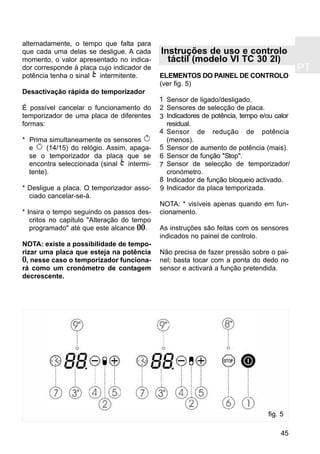 PT
45
alternadamente, o tempo que falta para
que cada uma delas se desligue. A cada
momento, o valor apresentado no indica-
dor corresponde à placa cujo indicador de
potência tenha o sinal intermitente.
Desactivação rápida do temporizador
É possível cancelar o funcionamento do
temporizador de uma placa de diferentes
formas:
* Prima simultaneamente os sensores
e (14/15) do relógio. Assim, apaga-
se o temporizador da placa que se
encontra seleccionada (sinal intermi-
tente).
* Desligue a placa. O temporizador asso-
ciado cancelar-se-á.
* Insira o tempo seguindo os passos des-
critos no capítulo "Alteração do tempo
programado" até que este alcance 00.
NOTA: existe a possibilidade de tempo-
rizar uma placa que esteja na potência
0, nesse caso o temporizador funciona-
rá como um cronómetro de contagem
decrescente.
Instruções de uso e controlo
táctil (modelo VI TC 30 2I)
ELEMENTOS DO PAINEL DE CONTROLO
(ver fig. 5)
Sensor de ligado/desligado.
Sensores de selecção de placa.
Indicadores de potência, tempo e/ou calor
residual.
Sensor de redução de potência
(menos).
Sensor de aumento de potência (mais).
Sensor de função "Stop".
Sensor de selecção de temporizador/
cronómetro.
Indicador de função bloqueio activado.
Indicador da placa temporizada.
NOTA: * visíveis apenas quando em fun-
cionamento.
As instruções são feitas com os sensores
indicados no painel de controlo.
Não precisa de fazer pressão sobre o pai-
nel; basta tocar com a ponta do dedo no
sensor e activará a função pretendida.
fig. 5
4
5
6
8
7
9
1
2
3
 