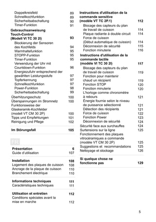 Überhitzungsschutz
Überspannungen im Stromnetz
Funktionsweise der
Glaskeramik-Kochfelder
(modell VT CM 30 2P)
Tipps und Empfehlungen
Reinigung und Pflege
Im Störungsfall
Doppelkreisfeld
Schnellkochfunktion
Sicherheitsabschaltung
Timer-Funktion
Gebrauchsanweisung
Touch-Control
(Modell VI TC 30 2I)
Blockierung der Sensoren
des Kochfelds
Warmhaltefunktion
STOPP-Funktion
Timer-Funktion
Verwendung der Uhr mit
Countdown-Funktion
Energiezufuhr entsprechend der
gewählten Leistungsstufe
Topferkennung
Schnellkochfunktion
Power-Funktion
Sicherheitsabschaltung
FR
Présentation
Guide d’utilisation
Installation
Logement des plaques de cuisson
Ancrage de la plaque de cuisson
Branchement électrique
Informations techniques
Caractéristiques techniques
Utilisation et entretien
Conditions spéciales avant la
mise en marche
Instructions d'utilisation de la
commande sensitive
(modèle VT TC 2P.1)
Blocage des capteurs du plan
de travail de cuisson
Plaque radiante à double circuit
Force de cuisson
(Début automatique de cuisson)
Déconnexion de sécurité
Fonction minuterie
Instructions d'utilisation de la
commande tactile
(modèle VI TC 30 2I)
Blocage des capteurs du plan
de travail de cuisson
Fonction pour maintenir
chaud un récipient
Fonction STOP
Fonction minuterie
L'horloge comme chronomètre
à rebours
Énergie fournie selon le niveau
de puissance sélectionné
Détection des récipients
Force de cuisson
Fonction Power
Déconnexion de sécurité
Sécurité face aux surchauffes
Surtensions sur la ligne
Fonctionnement des plaques
vitrocéramiques a commande
(modèle VT CM 30 2P)
Suggestions et recommandations
Nettoyage et stockage
Si quelque chose ne
fonctionne pas
89
89
90
91
93
94
95
95
95
96
97
97
97
98
99
100
100
100
101
102
105
6
107
108
108
110
110
111
111
112
112
124
125
125
125
126
129
114
114
114
115
116
119
119
120
120
121
121
121
122
123
124
112
117
5
 