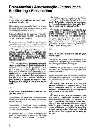 6
Notas sobre los recipientes a utilizar en su
encimera de inducción
El recipiente a emplear debe tener un tamaño
de fondo tal que cubra completamente la zona
de cocción dibujada en el vidrio.
Dependiendo del tipo de recipiente (material y
tamaño) las zonas de inducción pueden funcio-
nar con recipientes menores.
Tenga en cuenta que las placas de inducción
necesitan para funcionar recipientes de fondo
ferromagnético (material atraído por un imán).
Utilice siempre sobre las placas de
inducción, recipientes de fondo plano y liso.
El empleo de recipientes con el fondo defor-
mado, cóncavo u ondulado, provoca sobre-
calentamientos que pueden dañar el vidrio o
el propio recipiente.
Tenga en cuenta que el recipiente que
utilice puede tener una gran influencia en el
rendimiento de cualquier placa de induc-
ción. Puede encontrar recipientes en el mer-
cado que, a pesar de estar marcados como
aptos para inducción, tengan un rendimien-
to muy bajo o problemas para ser reconoci-
dos por la placa de inducción, debido a la
poca cantidad o calidad del material ferro-
magnético que tenga el recipiente en su
base.
Notas sobre os recipientes a utilizar na sua
placa de indução
O recipiente a utilizar deve ter um tamanho que
tape completamente a zona de cozinhado des-
enhada no vidro.
Dependendo do tipo de recipiente (material e
tamanho), a zona de indução pode funcionar
com recipientes menores.
Ter em atenção que as placas de indução para
funcionar necessitam de recipientes de fundo
ferromagnético (material atraído por um iman)
Utilizar sempre recipientes de fundo
plano e liso. A utilização de recipientes com
fundo deformado, côncavo ou ondulado,
provoca sobreaquecimiento que pode dani-
ficar o vidro ou o próprio recipiente.
Tenha em conta que o recipiente que
utiliza, pode ter grande influência no rendi-
mento da placa de indução. Pode encontrar
recipientes no mercado, que apesar de esta-
rem aptos para a indução, têm baixo rendi-
mento ou dificuldades em serem reconheci-
dos pela placa de indução, devido à pouca
quantidade de material ferromagnético exis-
tente na base do recipiente.
Notes about the cookware to use on your
induction hob
The size of the bottom of the cookware to be
used should be big enough to completely cover
the cooking area drawn on the glass.
Depending on the type of cookware (material
and size), the induction areas can work with
smaller cookware.
Please remember that the induction elements
only work with cookware that has a ferromagne-
tic (material attracted by a magnet) bottom.
Always use pans with a smooth, flat
base on the induction hotplates. Using pans
with a deformed, concave or undulating
base will cause overheating that may dama-
ge the glass or the pan itself.
Bear in mind that the pan being used
may have a considerable influence on the
performance of any induction hotplate. You
may come across pans on the market that,
although specified as suitable for induction,
perform poorly or present problems when it
comes to being recognised by the induction
hotplate due to the lack of or poor quality of
the ferromagnetic material on the base of
the pan.
Presentación / Apresentação / Introduction
Einführung / Présentation
ES
PT
GB
 