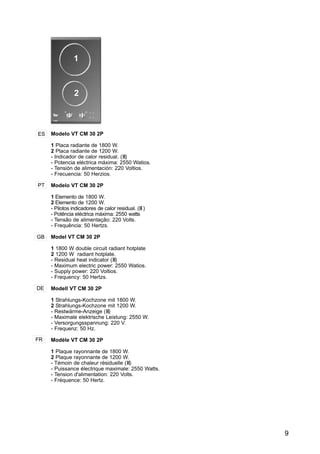 9
FR
Modelo VT CM 30 2P
1 Placa radiante de 1800 W.
2 Placa radiante de 1200 W.
- Indicador de calor residual. (H)
- Potencia eléctrica máxima: 2550 Watios.
- Tensión de alimentación: 220 Voltios.
- Frecuencia: 50 Herzios.
Modelo VT CM 30 2P
1 Elemento de 1800 W.
2 Elemento de 1200 W.
- Pilotos indicadores de calor residual. (H )
- Potência eléctrica máxima: 2550 watts
- Tensão de alimentação: 220 Volts.
- Frequência: 50 Hertzs.
Model VT CM 30 2P
1 1800 W double circuit radiant hotplate
2 1200 W radiant hotplate.
- Residual heat indicator (H)
- Maximum electric power: 2550 Watios.
- Supply power: 220 Voltios.
- Frequency: 50 Hertzs.
Modell VT CM 30 2P
1 Strahlungs-Kochzone mit 1800 W.
2 Strahlungs-Kochzone mit 1200 W.
- Restwärme-Anzeige (H)
- Maximale elektrische Leistung: 2550 W.
- Versorgungsspannung: 220 V.
- Frequenz: 50 Hz.
Modèle VT CM 30 2P
1 Plaque rayonnante de 1800 W.
2 Plaque rayonnante de 1200 W.
- Témoin de chaleur résiduelle (H)
- Puissance électrique maximale: 2550 Watts.
- Tension d'alimentation: 220 Volts.
- Fréquence: 50 Hertz.
1
2
ES
PT
GB
DE
 
