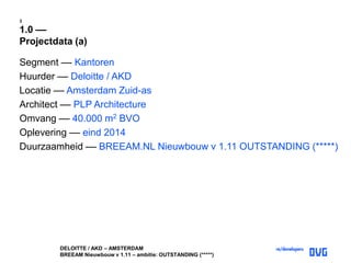 DELOITTE / AKD – AMSTERDAM
BREEAM Nieuwbouw v 1.11 – ambitie: OUTSTANDING (*****)
3
1.0 ––
Projectdata (a)
Segment –– Kantoren
Huurder –– Deloitte / AKD
Locatie –– Amsterdam Zuid-as
Architect –– PLP Architecture
Omvang –– 40.000 m2 BVO
Oplevering –– eind 2014
Duurzaamheid –– BREEAM.NL Nieuwbouw v 1.11 OUTSTANDING (*****)
 