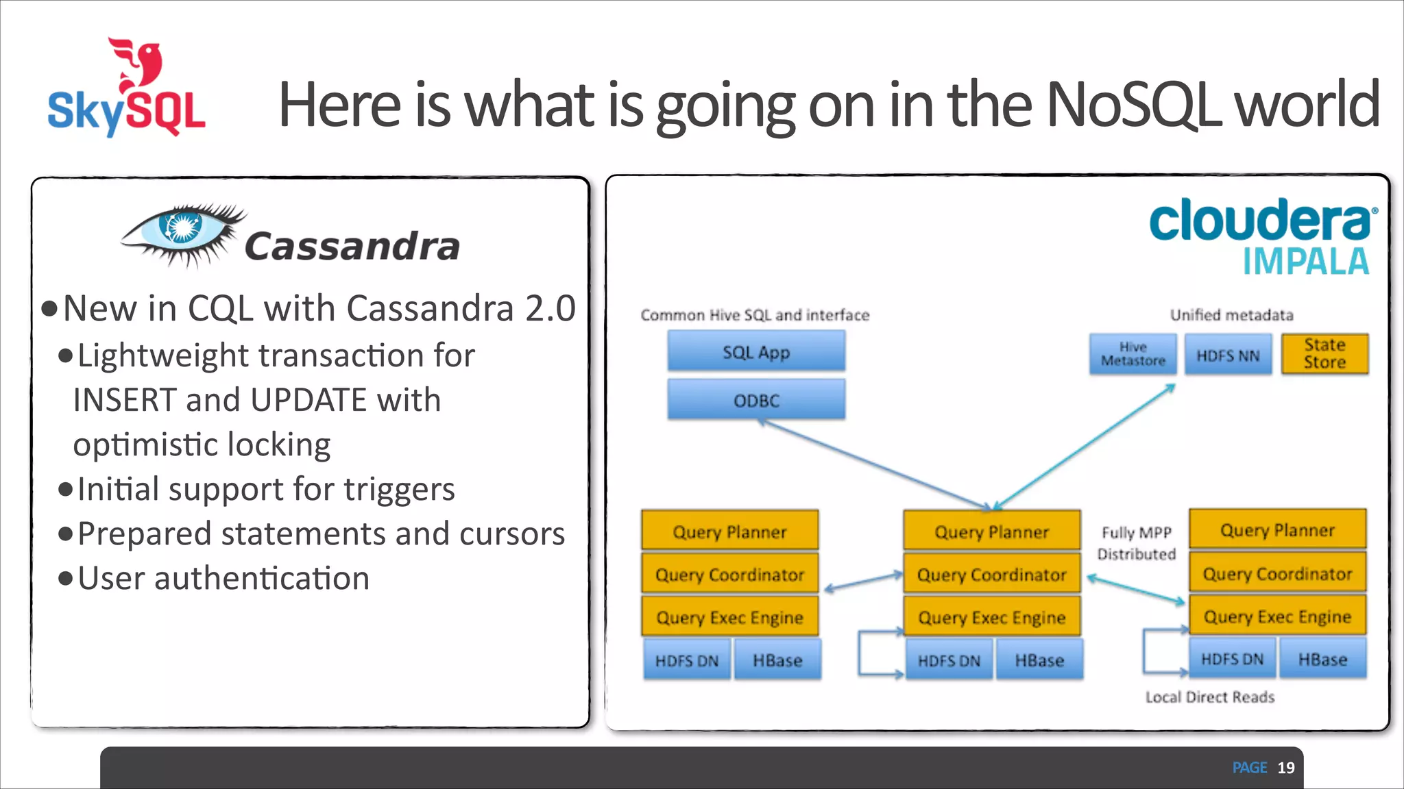 Here  is  what  is  going  on  in  the  NoSQL  world ! ! ! •New  in  CQL  with  Cassandra  2.0   •Lightweight  transacdon  for   INSERT  and  UPDATE  with   opdmisdc  locking   •Inidal  support  for  triggers   •Prepared  statements  and  cursors   •User  authendcadon PAGE   19 
