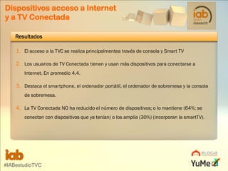 Dispositivos acceso a Internet
y a TV Conectada
Resultados
1. El acceso a la TVC se realiza principalmentea través de consola y Smart TV
2. Los usuarios de TV Conectada tienen y usan más dispositivos para conectarse a
Internet. En promedio 4,4.

3. Destaca el smartphone, el ordenador portátil, el ordenador de sobremesa y la consola
de sobremesa.

4. La TV Conectada NO ha reducido el número de dispositivos; o lo mantiene (64%; se
conectan con dispositivos que ya tenían) o los amplía (30%) (incorporan la smartTV).

#IABestudioTVC

 
