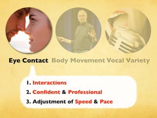 Eye Contact Body Movement
Interaction、Size & Quantity、Visual
Implication
No Pointing, no Waving!
Vocal Variety
 