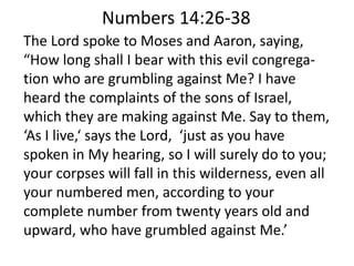 The Lord spoke to Moses and Aaron, saying,
“How long shall I bear with this evil congrega-
tion who are grumbling against Me? I have
heard the complaints of the sons of Israel,
which they are making against Me. Say to them,
‘As I live,‘ says the Lord, ‘just as you have
spoken in My hearing, so I will surely do to you;
your corpses will fall in this wilderness, even all
your numbered men, according to your
complete number from twenty years old and
upward, who have grumbled against Me.’
Numbers 14:26-38
 