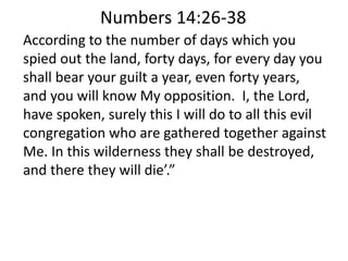 According to the number of days which you
spied out the land, forty days, for every day you
shall bear your guilt a year, even forty years,
and you will know My opposition. I, the Lord,
have spoken, surely this I will do to all this evil
congregation who are gathered together against
Me. In this wilderness they shall be destroyed,
and there they will die’.”
Numbers 14:26-38
 