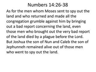 As for the men whom Moses sent to spy out the
land and who returned and made all the
congregation grumble against him by bringing
out a bad report concerning the land, even
those men who brought out the very bad report
of the land died by a plague before the Lord.
But Joshua the son of Nun and Caleb the son of
Jephunneh remained alive out of those men
who went to spy out the land.
Numbers 14:26-38
 