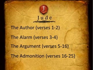 The Alarm (verses 3-4)
The Author (verses 1-2)
The Argument (verses 5-16)
The Admonition (verses 16-25)
 