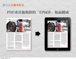 PDF或其他類似的「EP同步」版面構成
數位出版基本形式
Tuesday, October 8, 13
 