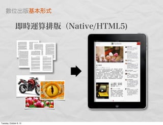 即時運算排版（Native/HTML5)
數位出版基本形式
Tuesday, October 8, 13
 