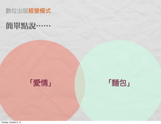 「愛情」 「麵包」
數位出版經營模式
簡單點說……
Tuesday, October 8, 13
 