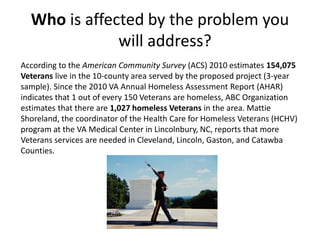 Who is affected by the problem you
will address?
According to the American Community Survey (ACS) 2010 estimates 154,075
Veterans live in the 10-county area served by the proposed project (3-year
sample). Since the 2010 VA Annual Homeless Assessment Report (AHAR)
indicates that 1 out of every 150 Veterans are homeless, ABC Organization
estimates that there are 1,027 homeless Veterans in the area. Mattie
Shoreland, the coordinator of the Health Care for Homeless Veterans (HCHV)
program at the VA Medical Center in Lincolnbury, NC, reports that more
Veterans services are needed in Cleveland, Lincoln, Gaston, and Catawba
Counties.
 