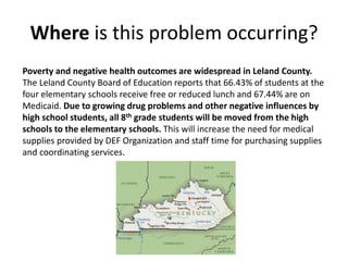 Where is this problem occurring?
Poverty and negative health outcomes are widespread in Leland County.
The Leland County Board of Education reports that 66.43% of students at the
four elementary schools receive free or reduced lunch and 67.44% are on
Medicaid. Due to growing drug problems and other negative influences by
high school students, all 8th grade students will be moved from the high
schools to the elementary schools. This will increase the need for medical
supplies provided by DEF Organization and staff time for purchasing supplies
and coordinating services.
 